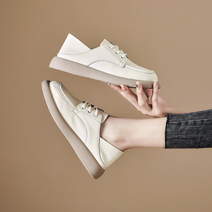 Spring and Autumn Style Cowhide Flats for Middle-Aged and Elderly People, Soft-Soled Lace-Up Women's Shoes, Genuine Leather Mother's Shoes, Middle-Aged Loafers, Comfortable and Versatile