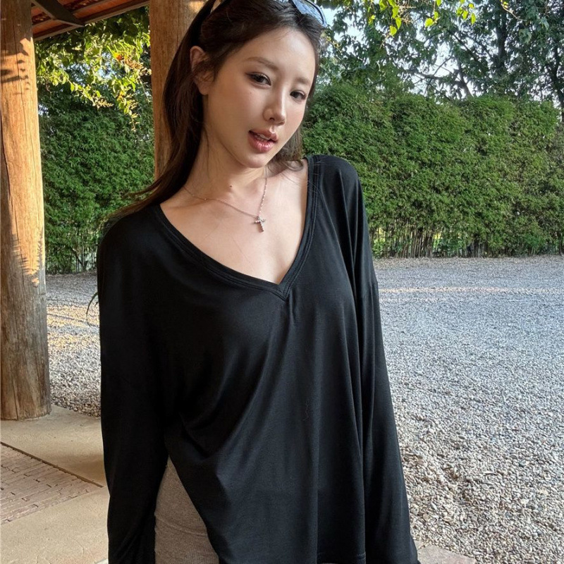 微透白色v领长袖T恤女夏季薄款宽松防晒罩衫简约chic气质百搭上衣|undefined