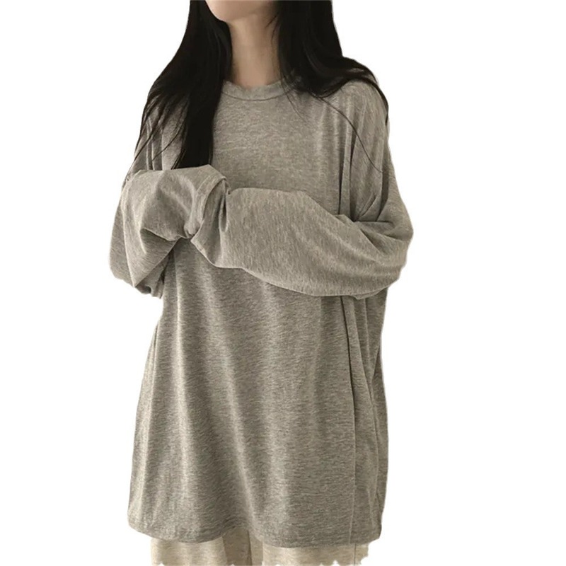 クロスボーダー卸売綿 100% グレー韓国スタイルボトリングシャツ Tシャツ女性の秋のお尻カバー大きいサイズ長袖トップインナー|undefined
