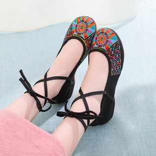 Ethnic Style Lace-up Dance Shoes Embroidered Summer Sandals Shoes for Women
