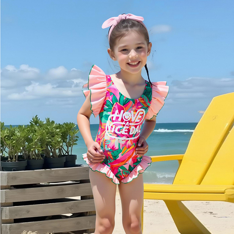 2025 Amazon ropa infantil de verano bata de baño infantil impresión de chicas trajes de baño 87g playa de secado rápido