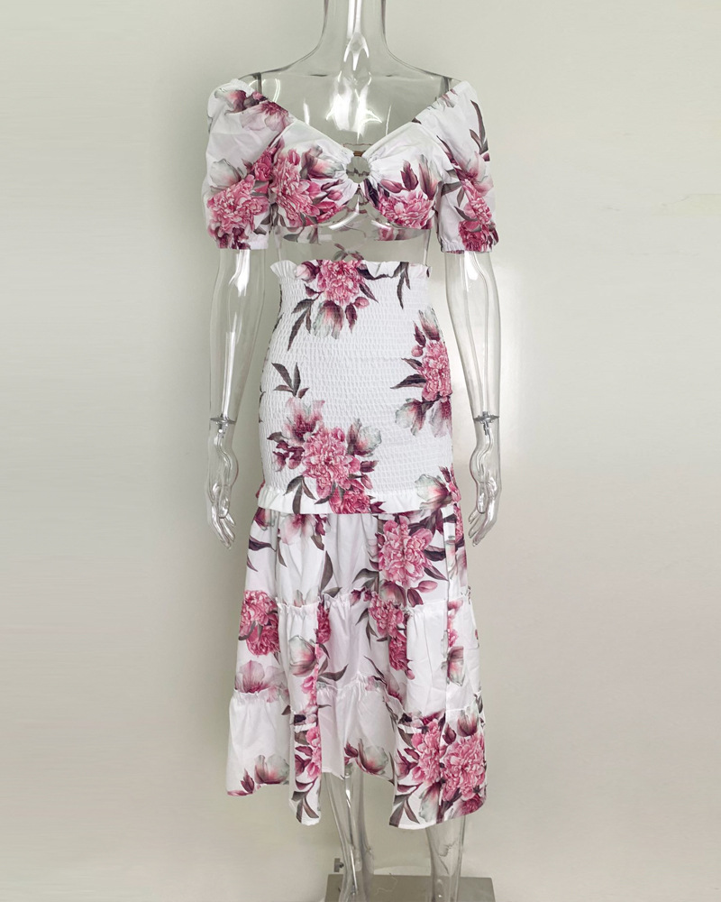 2026 New Spring Women's Clothing, Cross-Border European And American Fashion Outfit, INS Style Printed Slit Skirt Set_ecoleips.com