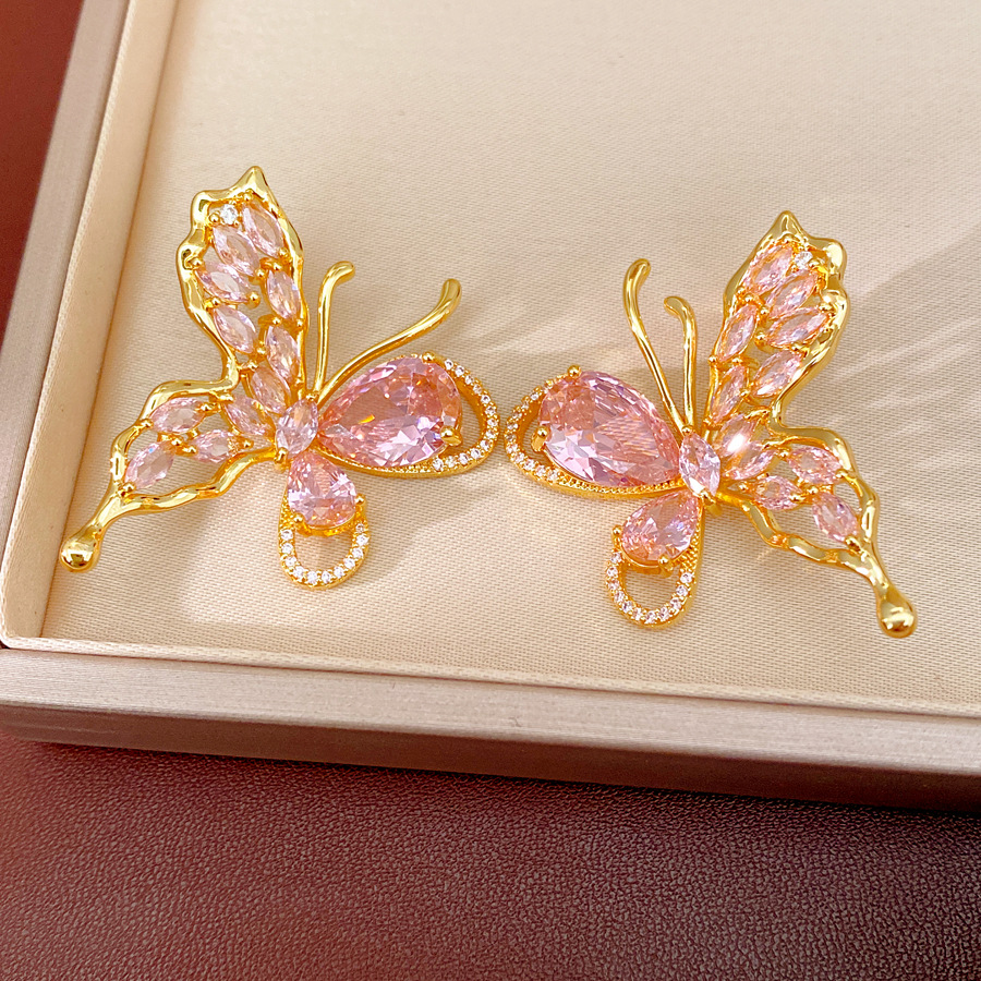 Oro verdadero electron-combustible mariposa de piedra pernos de orejas temperamento exquisito personalidad nicho pendientes ligero lujo conjunto de joyas de alta calidad