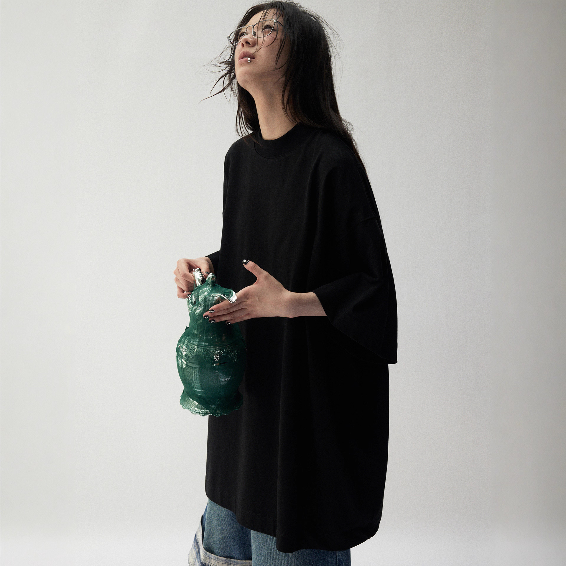 Vermo Optimized and Upgraded Half Turtleneck That Won’T Strangle Your Neck, Dyed Water-Cooled Gray Quarter-Sleeve Silhouette T-Shirt 3173J