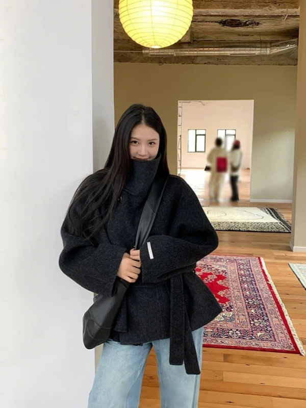 欧美跨境2025秋冬女装新款立领纽扣呢子系带外套|undefined