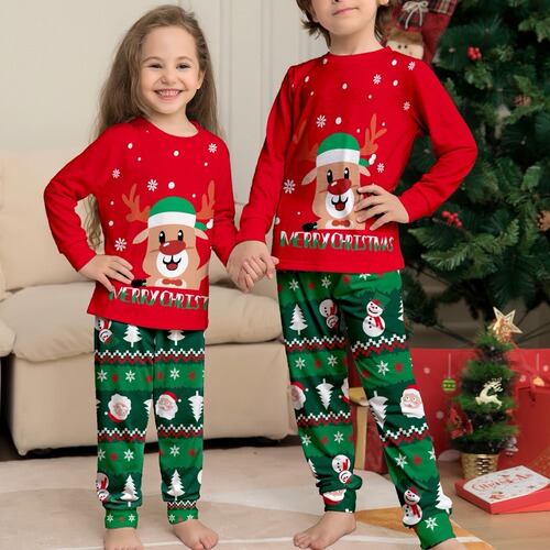 Independent station cartoon letter deer snowman Christmas print Christmas parent-child suit set three people sleepwear