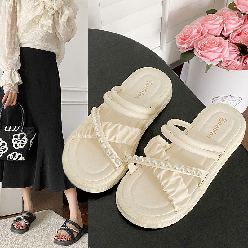 Fashionable thick-soled beaded slippers women's summer outdoor cross-border explosions one-word anti-slip sandals slippers beach shoes