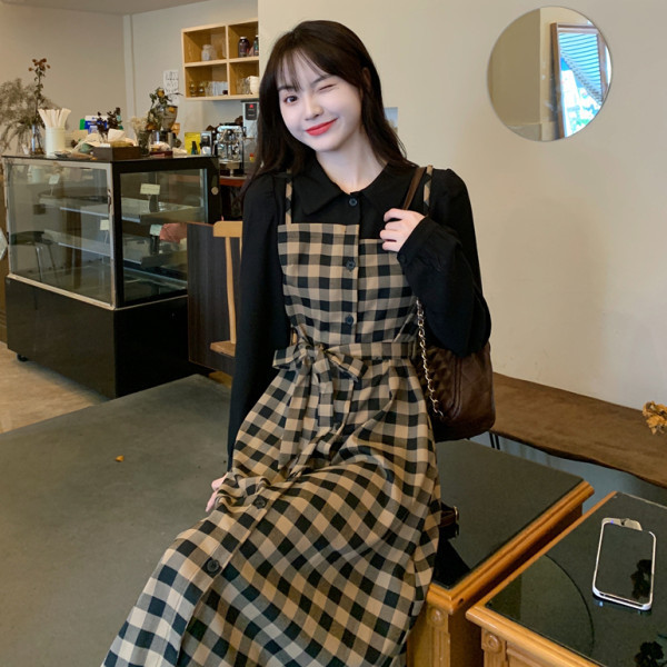High-end Retro Fake Two-piece Plaid Long Dress Women's Autumn and Winter Stylish Fashion All-match Age-reducing Shirt dress