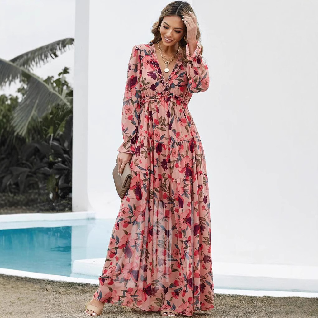 2025跨境新款长袖欧美女装时尚印花女长款气质波西米亚印花连衣裙