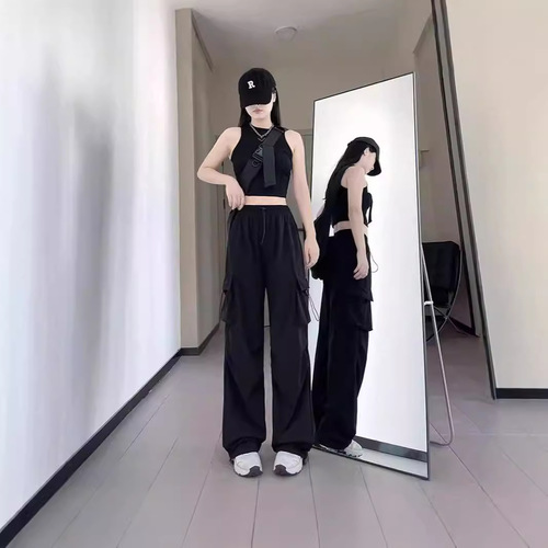 Women's Summer and Spring Quick-Drying Work Pants, Straight Leg High-Waist for Petite Figures, Sun Protection, Slimming Parachute Wide Leg Ice Silk Pants