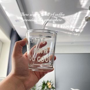 Ins Style Straw Cup Household Glass Water Cup Office High Color Value Straw Coffee Cup Letter Printed Glass