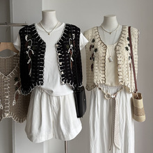 比正]2026春夏新品韩版V领镂空撞色刺绣百搭背心无袖针织衫女6399
