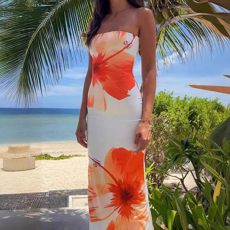Printed Strapless Backless Dress Printed Sleeveless Tube Top Exposed Backpack Hip Dress for Women Printed Strapless Backless Dress Printed Sleeveless Tube Top Exposed Backpack Hip Dress for Women