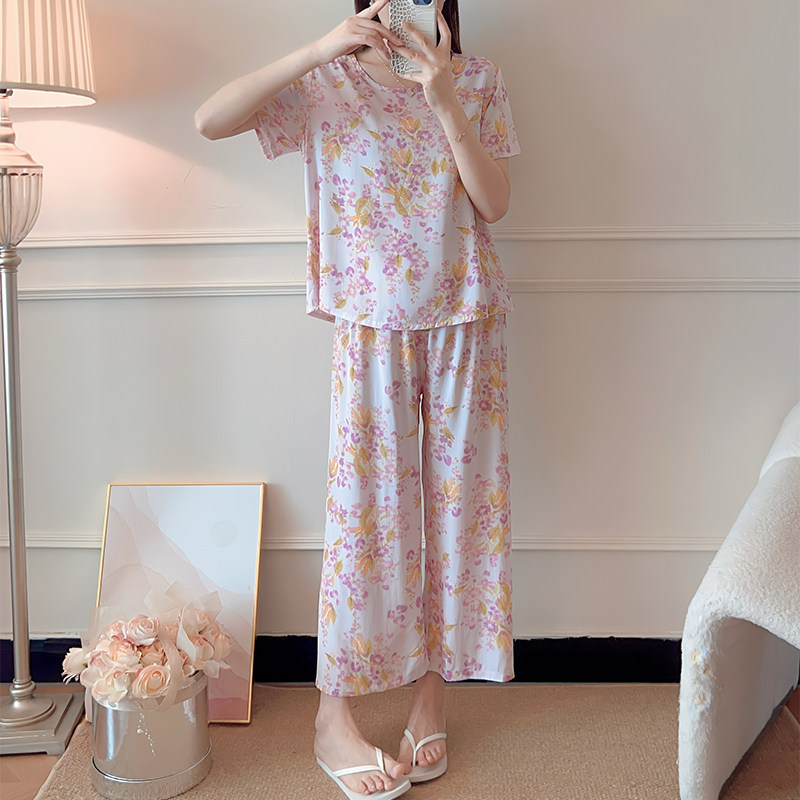 Summer Cotton Silk Home Wear Set for Women, Loose Short-Sleeved Long Pants Two-Piece Set, Large Size Artificial Cotton Cool Pajamas