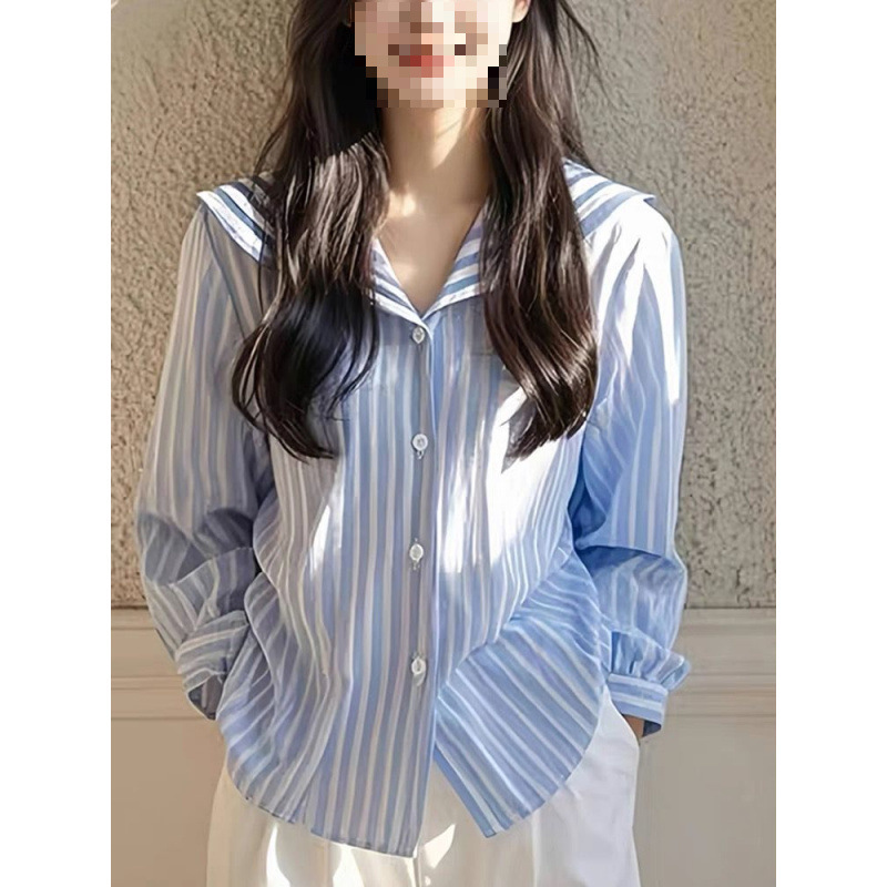 Blue Striped Navy Collar Shirt Coat Women's Autumn Women's 2024 New High-end Top Fashionable Fashionable