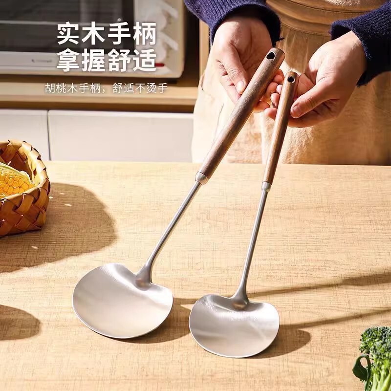 木柄不锈钢蘑菇铲大小号家用厨房长柄防滑锅铲炒勺铁铲炒菜不粘锅|undefined