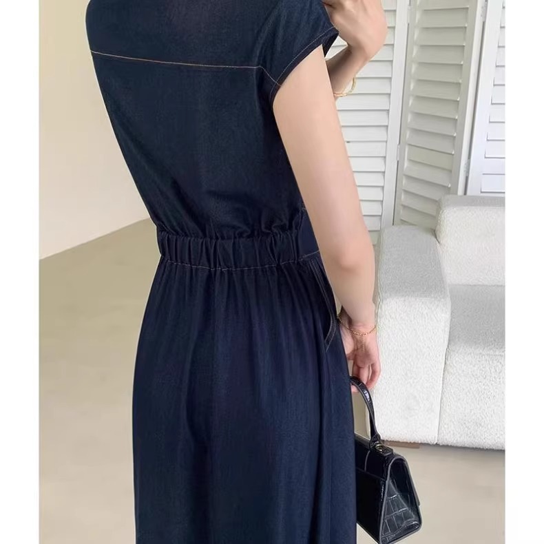 Đầm retro kiểu Pháp nữ thắt eo thanh lịch công sở dáng dài — Xanh lam đậm chi tiết 4