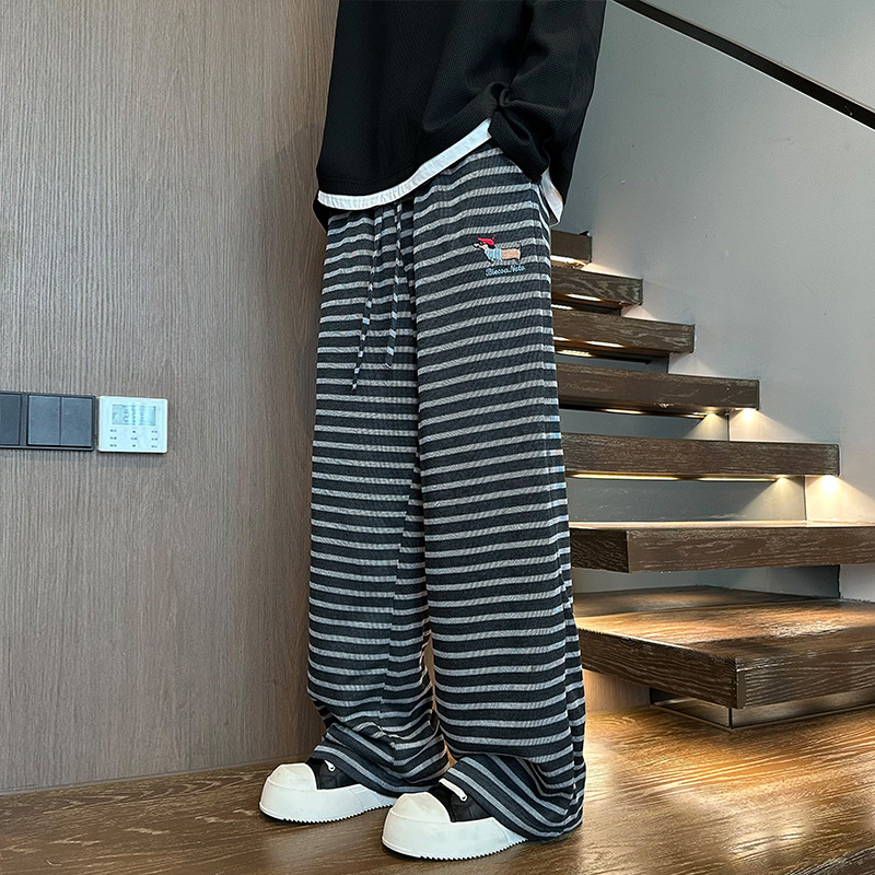 Pantalon de survêtement rayé brodé teckel pour homme, marque tendance, coupe ample et décontractée, pantalon de sport résistant et confortable_voghion.com