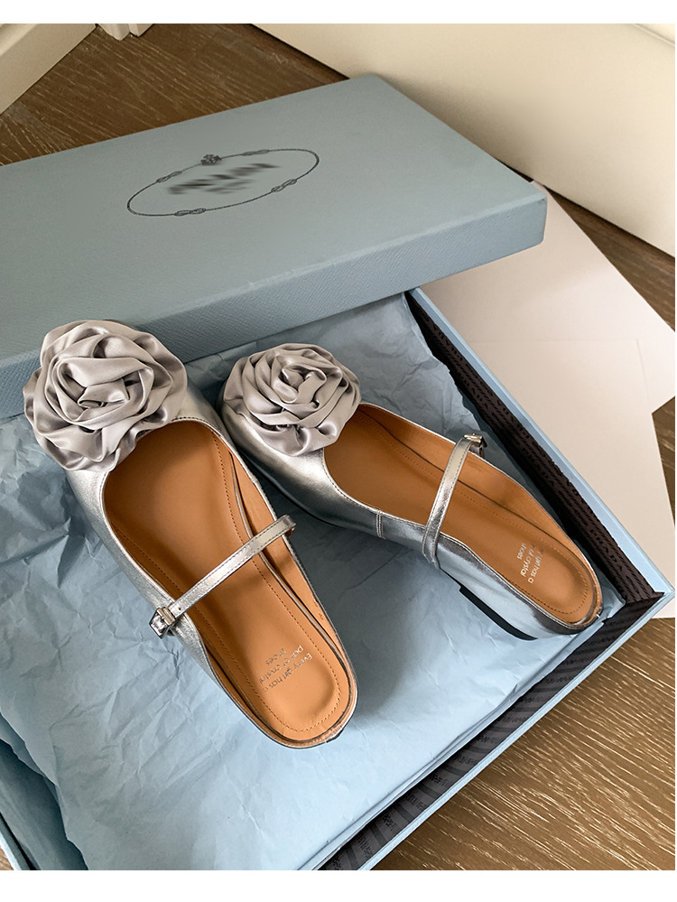 Giày mule nữ mũi nhọn họa tiết hoa bạc, đế bằng tăng chiều cao — Màu nâu nhạt (da cừu) chi tiết 17