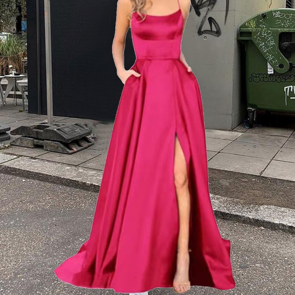 2025 color sólido vestido de dama de honor europeo y americano falda larga delgada sin tirantes novia vestido de noche de grupo de dama de honor de moda de Amazon