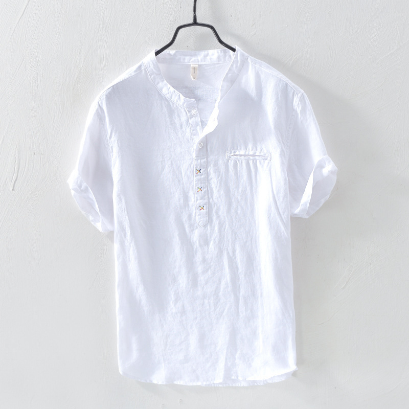 5527 factory supply simple slim shirt men's casual linen thin short sleeve shirt men's a generation of hair