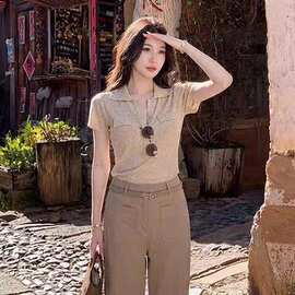 亚麻复古V领修身POLO领衫夏季短袖针织T恤亚麻色上衣源头工厂纯色