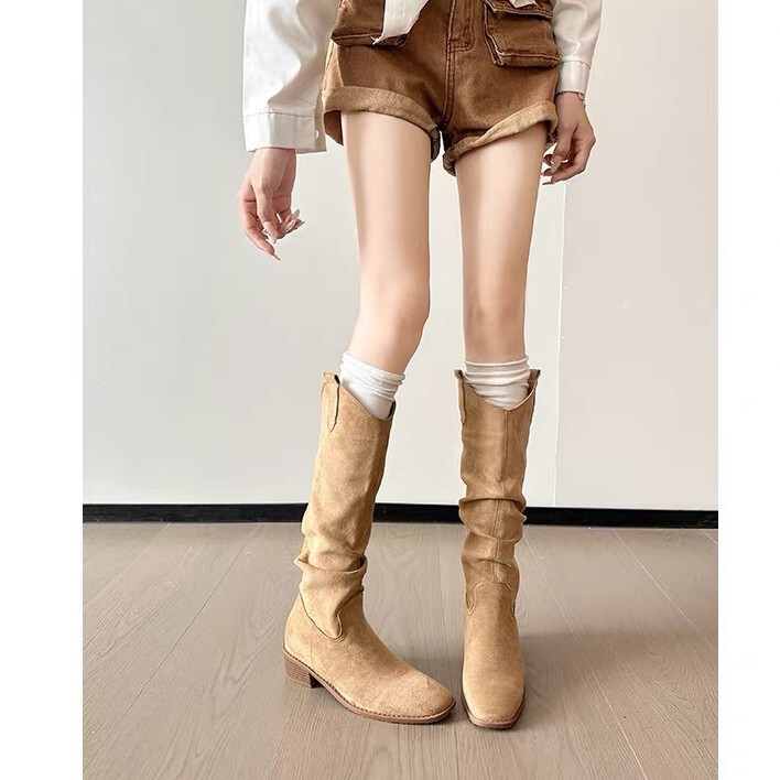 Cowhide Version ~ Genuine Leather Boots for Small People with 8cm Height Increase, Women's Pleated Boots, Knight Boots, Western Cowboy Boots