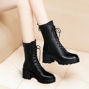 2025 new martin boots women's thick heel lace-up boots women's flat autumn and winter shoes medium thick heel non-slip women's boots