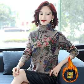 秋冬新款加绒加厚中老年民族风打底衫大码女装小衫高领阔太太上衣
