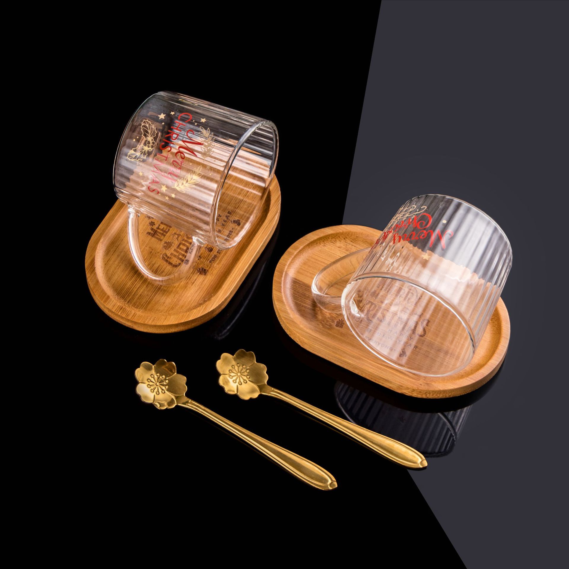 Tazas de vidrio personales creativas, plato de té de la tarde, taza de café inglesa de Navidad, taza de agua con cucharas de madera