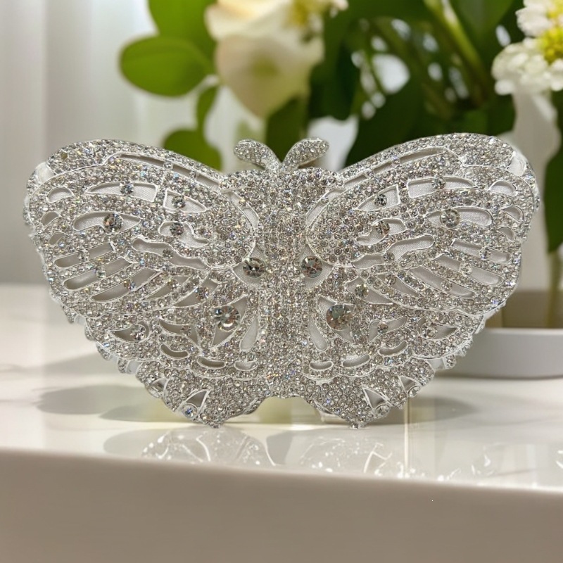 Bolsa de embrague blanco mariposa diamantes bolsas de cena de diamantes bolsas de mano de mujer caja dura llena de diamantes bolsas de vestido de fiesta