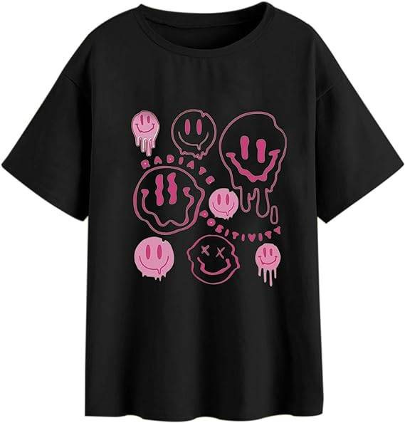 Verano Y2K tops de mujer casual retro de manga corta niña suelta cuello redondo camiseta negra Pedido mínimo de una pieza