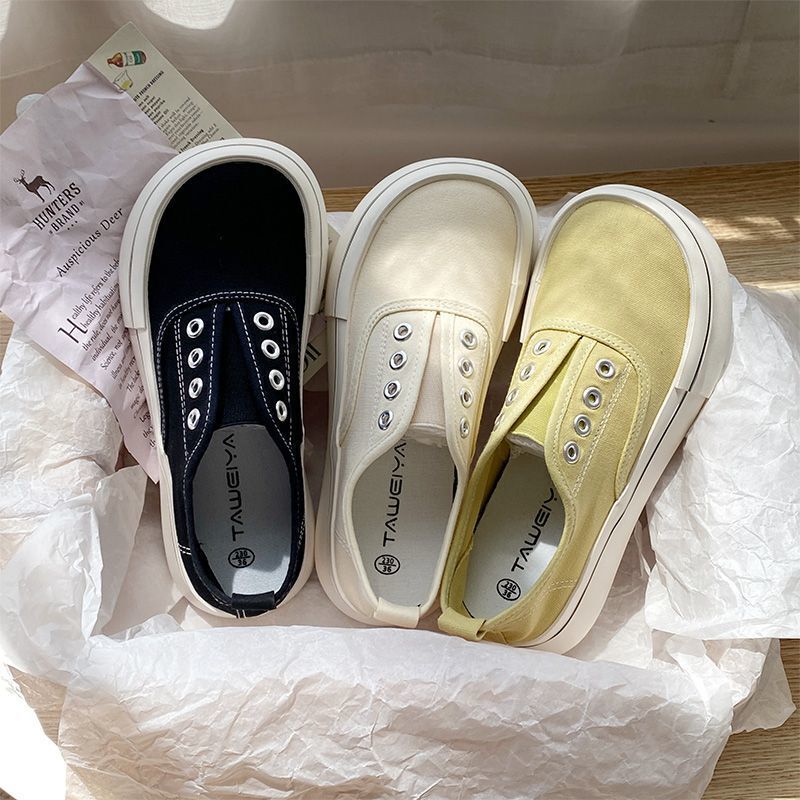 Mango Wide Head Big Head Canvas Shoes Women's Summer New Breathable White Shoes Flat Sneakers All-match Slip-on Women's Shoes