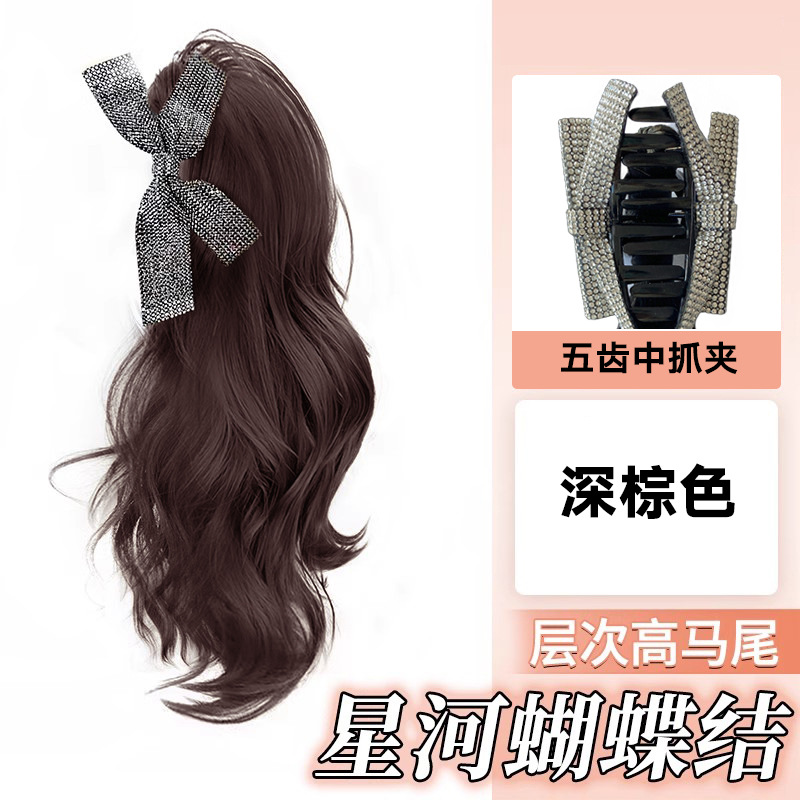 스타 스파클링 보우 클립: 다크 브라운 포니테일