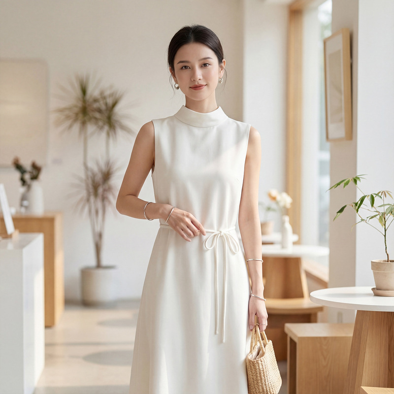 Summer New Style Silk Sleeveless Dress for Women, White Stand-Up Collar, Elegant Mulberry Silk Inner A-Line Long Dress