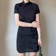 新中式黑色暗纹立领盘扣改良旗袍夏季国风小个子收腰短款连衣裙女