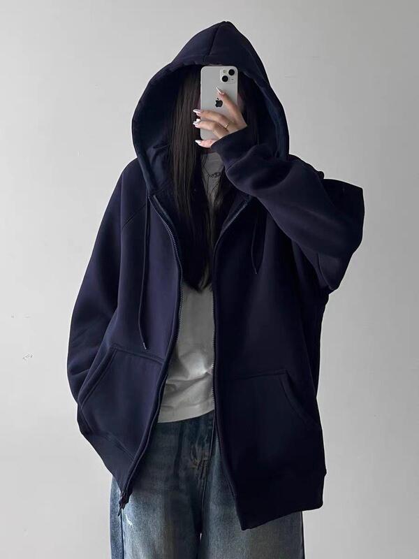 American-style navy blue hooded sweatshirt for women, 2026 new summer thin oversize zip-up jacket American-style navy blue hooded sweatshirt for women, 2026 new summer thin oversize zip-up jacket