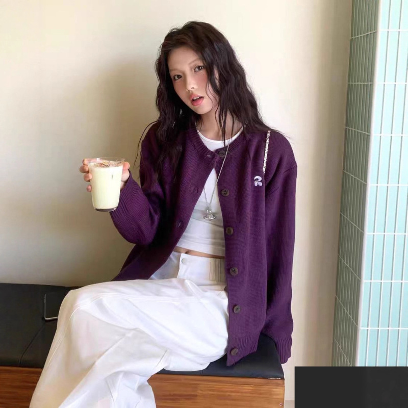 韩版超显白紫色针织开衫毛衣女25秋冬新款慵懒风宽松针织上衣外套|undefined