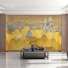 新中式轻奢客厅仙鹤风景沙发电视背景墙壁纸茶楼包厢墙布墙面壁画