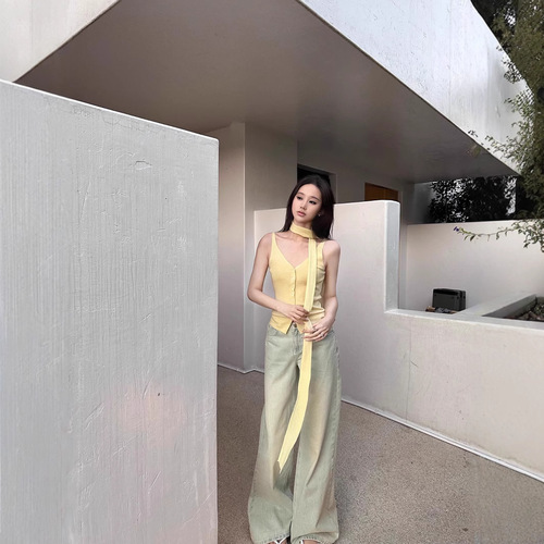 Summer High-Grade Light Wash Slimming Straight Wide-Leg Floor-Length Denim Pants