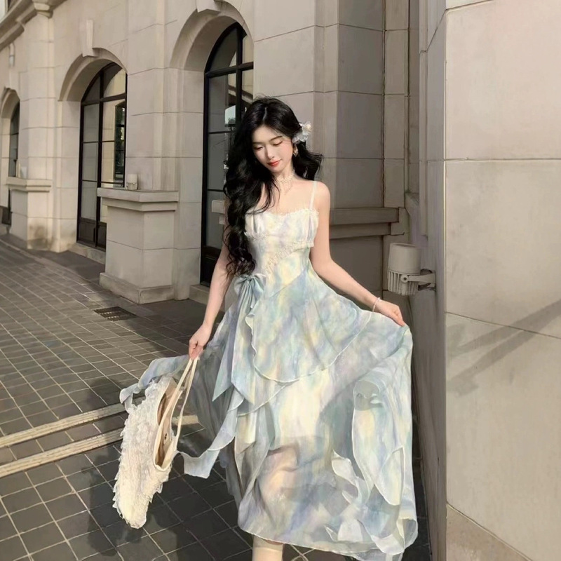 French Blue Strapless dress Women's Summer Design Sense Niche Super Fairy Princess Long Dress Seaside Holiday Fairy Dress