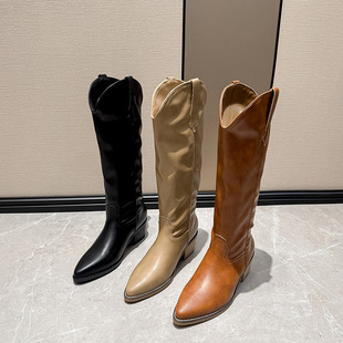 Retro Pointed Toe Thick Heel Western Cowboy Boots Women's V Mouth Mid Heel Knight Boots Long Boots 2025 New Boots
