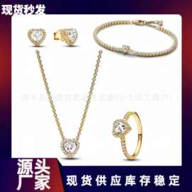 跨境外贸潘家镀金套装热销爱心项链耳钉戒指三件套礼物镶钻批发