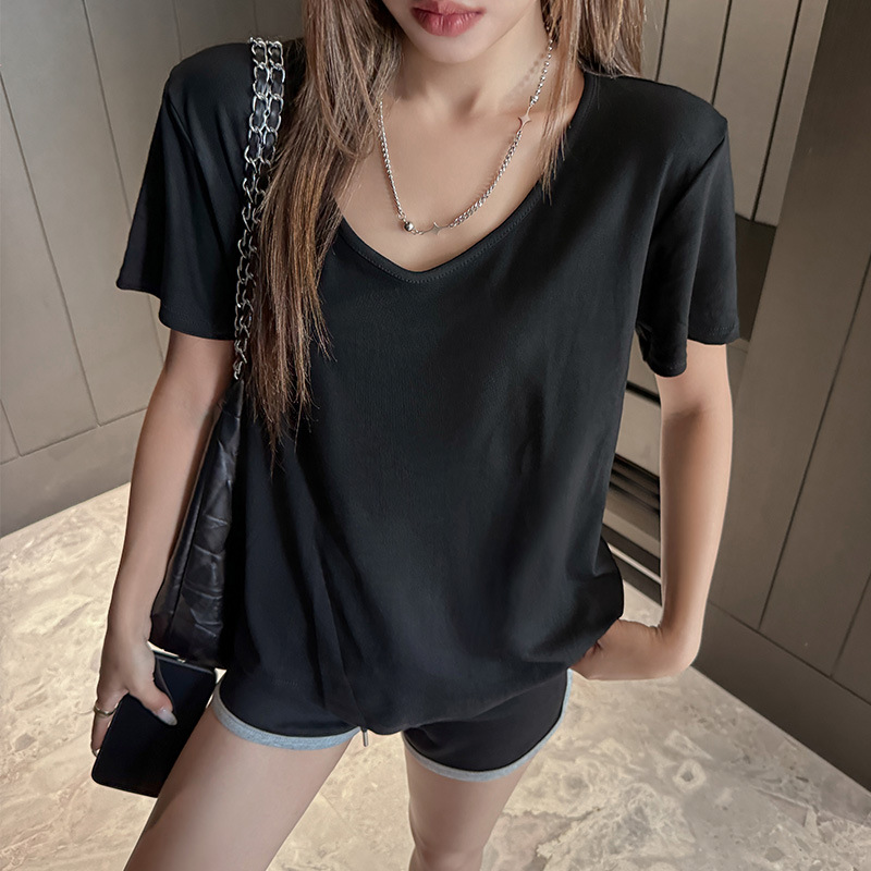 엄선된 신상 루즈한 브이넥 솔리드 컬러 오른쪽 어깨 반팔 티셔츠 여성용 플러스 사이즈 하이엔드 캐주얼 레이지 스타일 바텀 셔츠