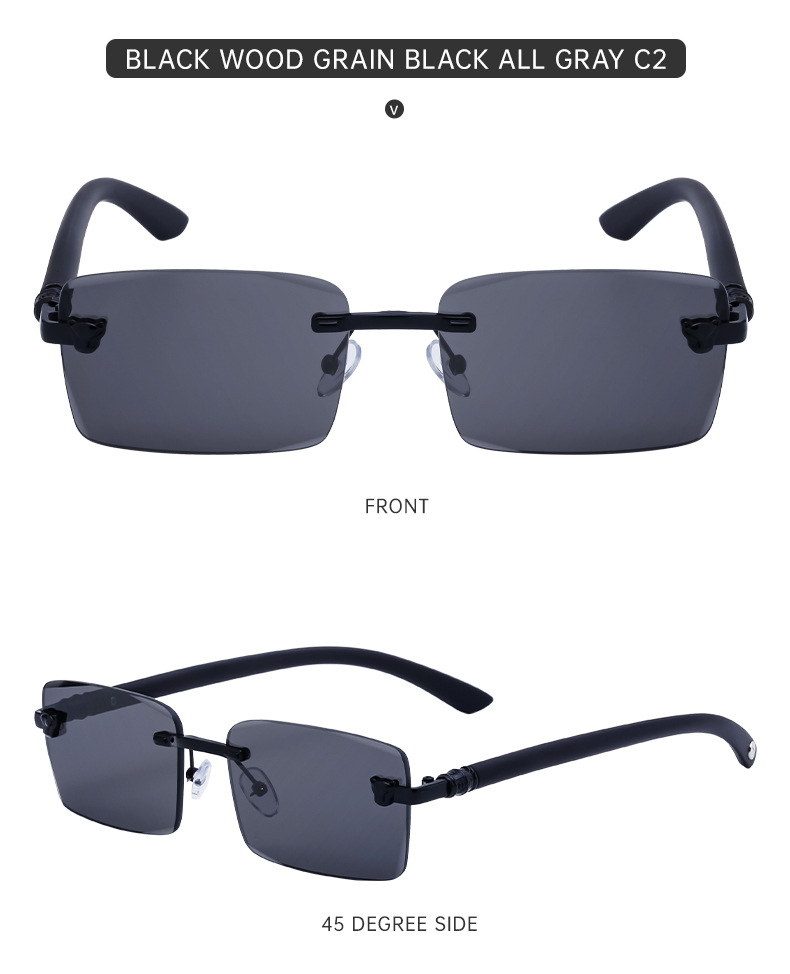 2024 Neue europäische und amerikanische rahmenlose Retro-Sonnenbrille für Herren mit Spiegelbeinen aus Holzmaserung und Sonnenbrille für Herren_voghion.com