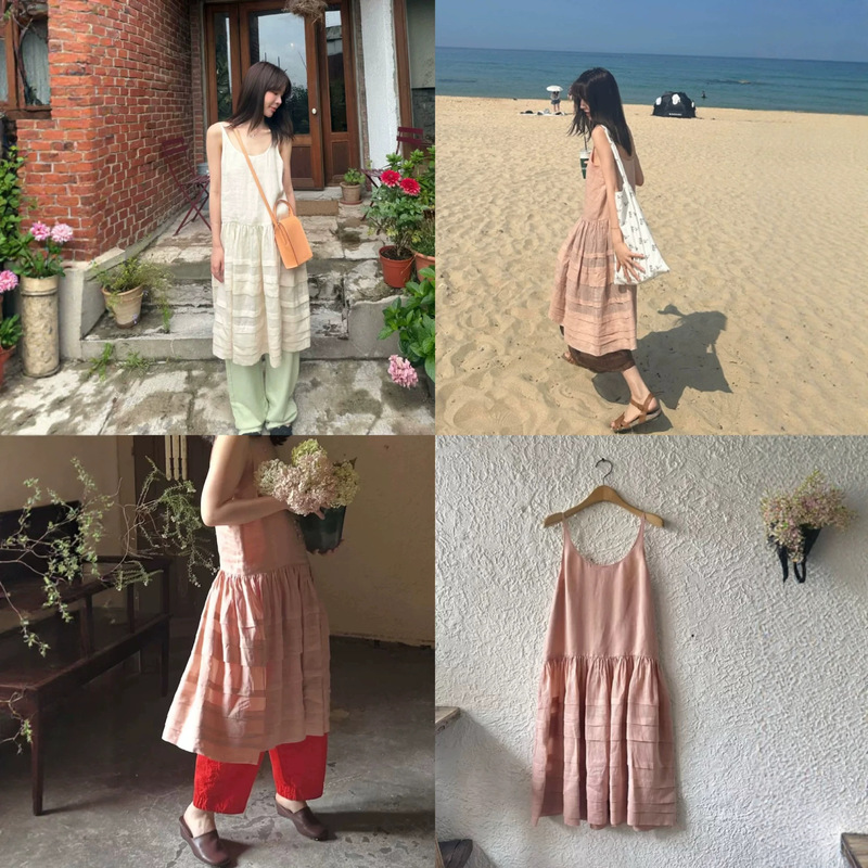 Korean designer ferm*ta ramie suspender dress, Korean women's vintage layered tank dress