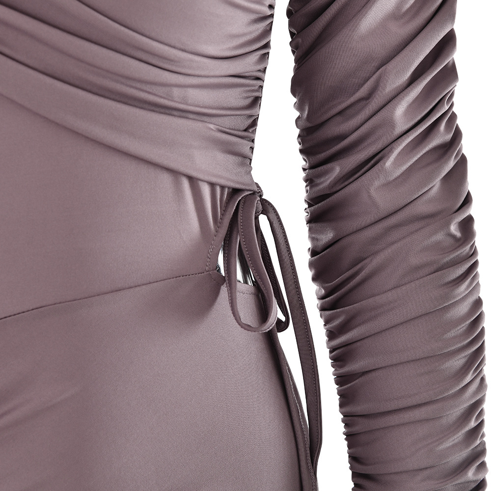 Women's New Sexy Long Sleeve Ruched Drawstring Tie‑Up Bodycon Maxi Dress_ecoleips.com