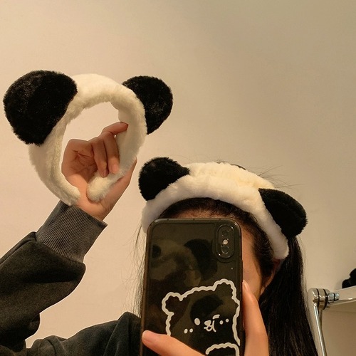 Adorable Panda Ears Face Washing Headband with High Crown Cartoon Plush Hairband for Ladies Makeup and Washing Tied Hair Headwear