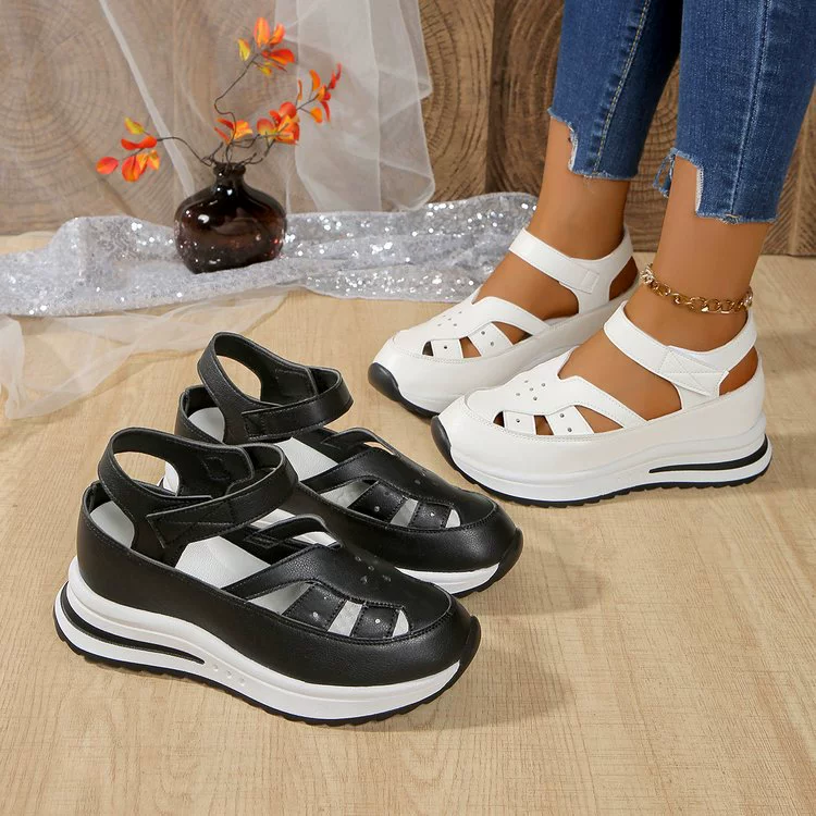 Женские летние босоножки на платформе с толстой подошвой больших размеров, модель 2025 года, с вырезами, внутренним увеличением, спортивные, на липучке, в римском стиле