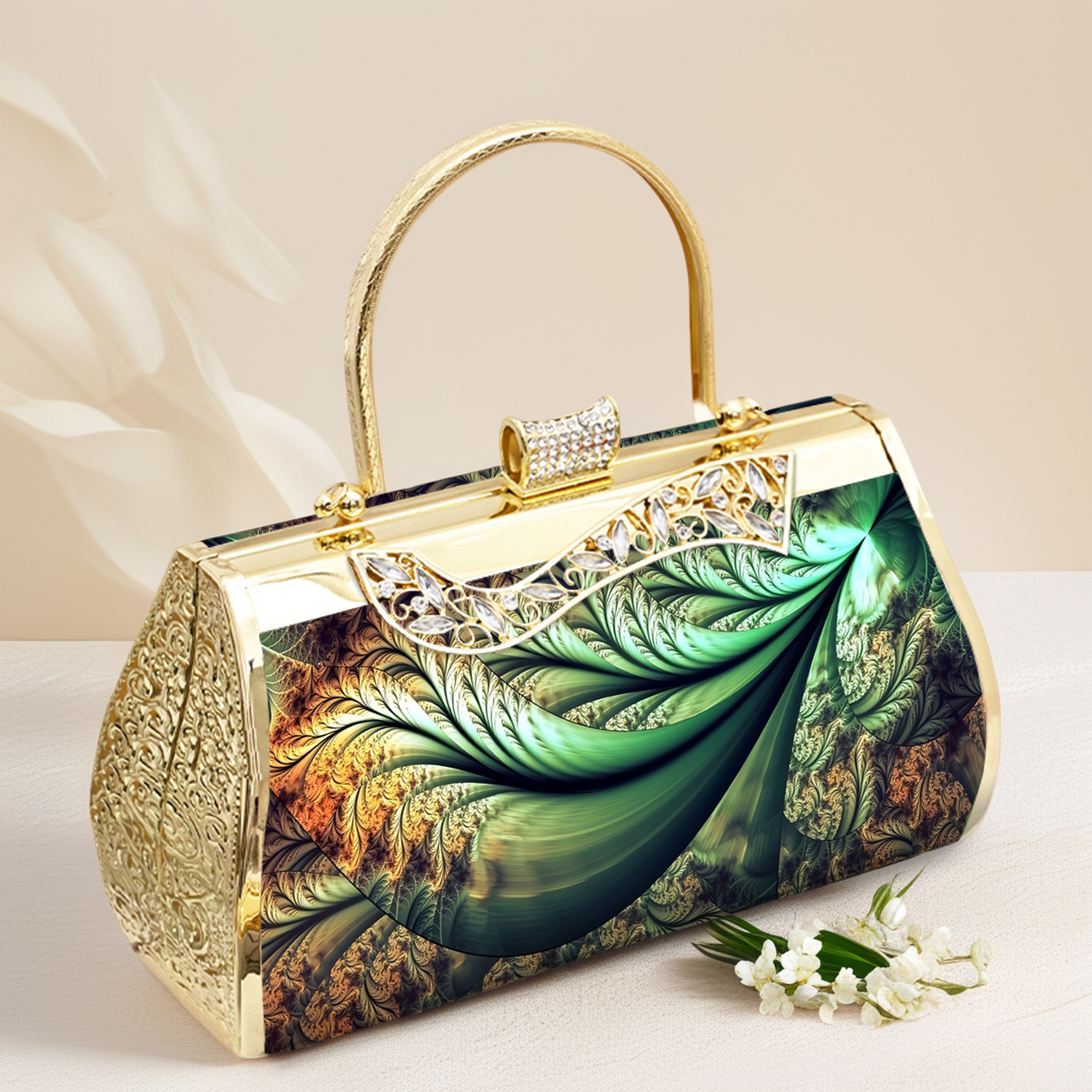 Elegante Abendtasche In Smaragdgrün Mit Blumenmuster Und Gold_voghion.com